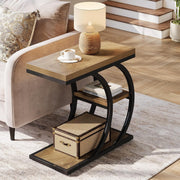 End Table for Living Room, 3-Tier Narrow Wood Couch C-Shaped Side Table, Natural