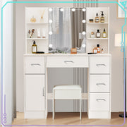 Modern Vanity Desk White Makeup Desk 5 Drawers 10 LED Lights Mirror and Stool