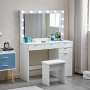 White Dressing Table with LED Lights Mirror Stool Drawers Vanity Makeup Desk Set