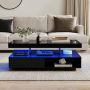 Coffee Table LED Black High Gloss 2 Drawers Glass Storage RGB Lights App Control