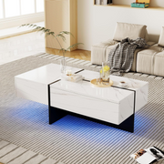 Coffee Table LED Lights with Drawers White High Gloss Modern Living Room