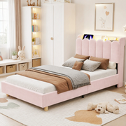 3FT Single Pink Velvet Bed Frame USB Reading Light Kids Girls Headboard