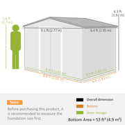 9 x 6FT Galvanised Garden Storage Shed with Sliding Door, Dark Grey