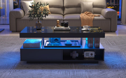 Coffee Table LED Black High Gloss 2 Drawers Glass Storage RGB Lights App Control