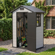 Small Plastic Garden Shed Apex with Floor Window Lockable Door Wood Grain Grey