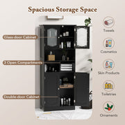 148cm Tall White Bathroom Storage Cabinet with Frosted Glass Doors Black