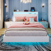 Floating Double Bed Frame w/ LED Lights & Upholstered Headboard,Charging Station
