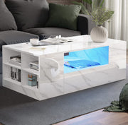 White High Gloss Rectangular Coffee Table LED Lights Storage 2 Drawers 95x55