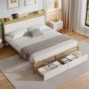 BTM Double Bed Frame !SALE! 4ft6 Storage Drawers RGB LED USB-C Beige Velvet