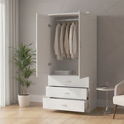 Tall Wooden 2 Door Wardrobe with 3 Drawers Bedroom Storage Furniture