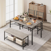 4-Piece Grey Dining Set for 4, Rectangular Table, 2 Chairs & Bench W/ Rack