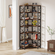 Corner Bookshelf, Large Modern Corner Bookcase with Metal Frame for Living Room