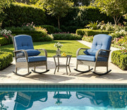 3 Piece Patio Swivel Rocker Set Wicker Rocking Chairs w/ 2-Tier Coffee Table