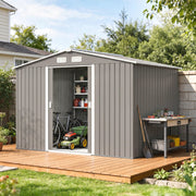 9 x 6FT Galvanised Garden Storage Shed with Sliding Door, Grey