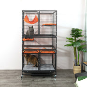 Metal Cat Cage, 4-Tier Small Animal Cage with Wheels, Cat House with Hammock