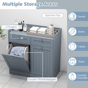 COSTWAY Double Tilt-Out Laundry Hamper Cabinet with 2 Drawers-Grey