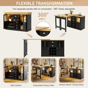 360° Dining Bar Table Kitchen Island, With Storage Cabinet & LED Lights, Black