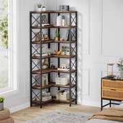Corner Bookshelf, Large Modern Corner Bookcase with Metal Frame for Living Room