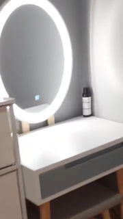 Dressing Table Vanity Set Make up Desk Oval LED Light Mirror with Stool Wood