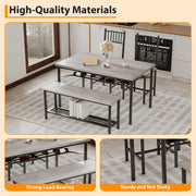 4-Piece Grey Dining Set for 4, Rectangular Table, 2 Chairs & Bench W/ Wine Rack