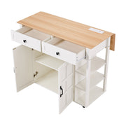 2 Doors 2 Drawers Rolling Kitchen Island with Drop Leaf Tabletop and UK Socket
