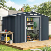 9 x 6FT Galvanised Garden Storage Shed with Sliding Door, Dark Grey