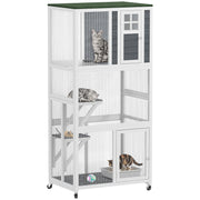 PawHut Wooden Cat House with Asphalt Roof, Cat Cage for Multiple Cats White