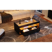 High Gloss LED Coffee Table Glass Top 2 Drawers Open Storage 100x50x40cm Black