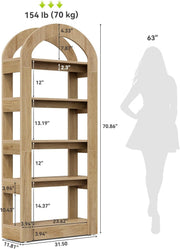 5-Tier Arch-Shaped Bookshelf, Modern Wooden Bookcase Open Display Storage Shelf