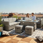 8-Seater Rattan Furniture Set with Fire Pit Table and Side Table & Stool Grey