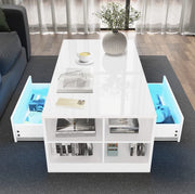 White High Gloss Rectangular Coffee Table LED Lights Storage 2 Drawers 95x55