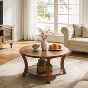 80cm Modern Round Solid Wood Coffee Table with Storage Shelf for Living Room