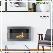 Bio Ethanol Fireplace 650x400 - Wall-Mounted - With glass - Silver - Set