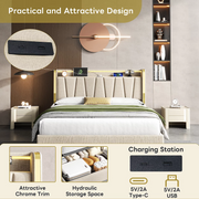 4FT6 Double Ottoman Bed Beige Linen LED USB Type-C Charging Storage Bed