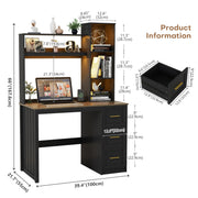 Home Office Desk with Hutch and Drawers Computer Desk with Power Outlets and LED