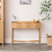 Pale Wood Curved 3 Drawer Console Table with Hessian & Glass Top - Austin Wood R