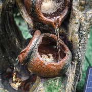 Solar Walnut Log Fountain Outdoor Water Feature Waterfall LED Light Garden Decor