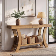 63-Inch Farmhouse Solid Wood Console Table with Lower Storage Shelf for Entryway