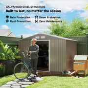 9 x 6FT Galvanised Garden Storage Shed with Sliding Door, Brown