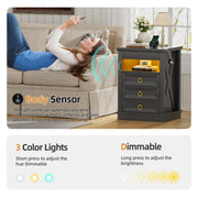 Bedside Table with Hidden Drawer & Charging Station, Nightstand with LED Lights