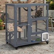 Cat Cage House Catio Indoor Enclosure on Wheels Fir Wood Grey 3 Levels