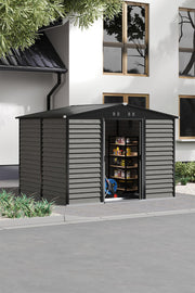 8 x10ft Garden Storage Shed with Double Sliding Door Grey Wood Effect, FREE BASE