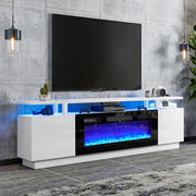 TV Stand Cabinet High Gloss White Electric Fireplace Unit W/ LED 12 Colour Flame