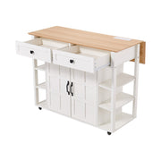 2 Doors 2 Drawers Rolling Kitchen Island with Drop Leaf Tabletop and UK Socket