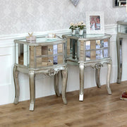 Pair Mirrored Venetian bedside cabinet lamp table bedroom furniture silver glass