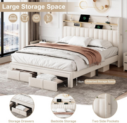 Double Bed Frame 4ft6 Upholstered Storage Bed USB-C Shelving Headboard Beige