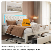 Double Bed Frame 4ft6 Beige 16-Colour LED Headboard 2 Drawers Iron 135x190cm
