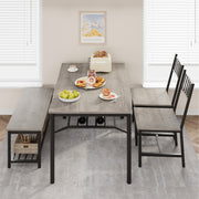 4-Piece Grey Dining Set for 4, Rectangular Table, 2 Chairs & Bench W/ Wine Rack