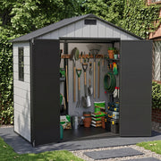 8x4FT Plastic Garden Shed with Floor Window Lockable Door Smoky Grey Wood Grain