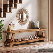 63-Inch Farmhouse Solid Wood Entryway Bench with Shoe Storage Shelf for Hallway